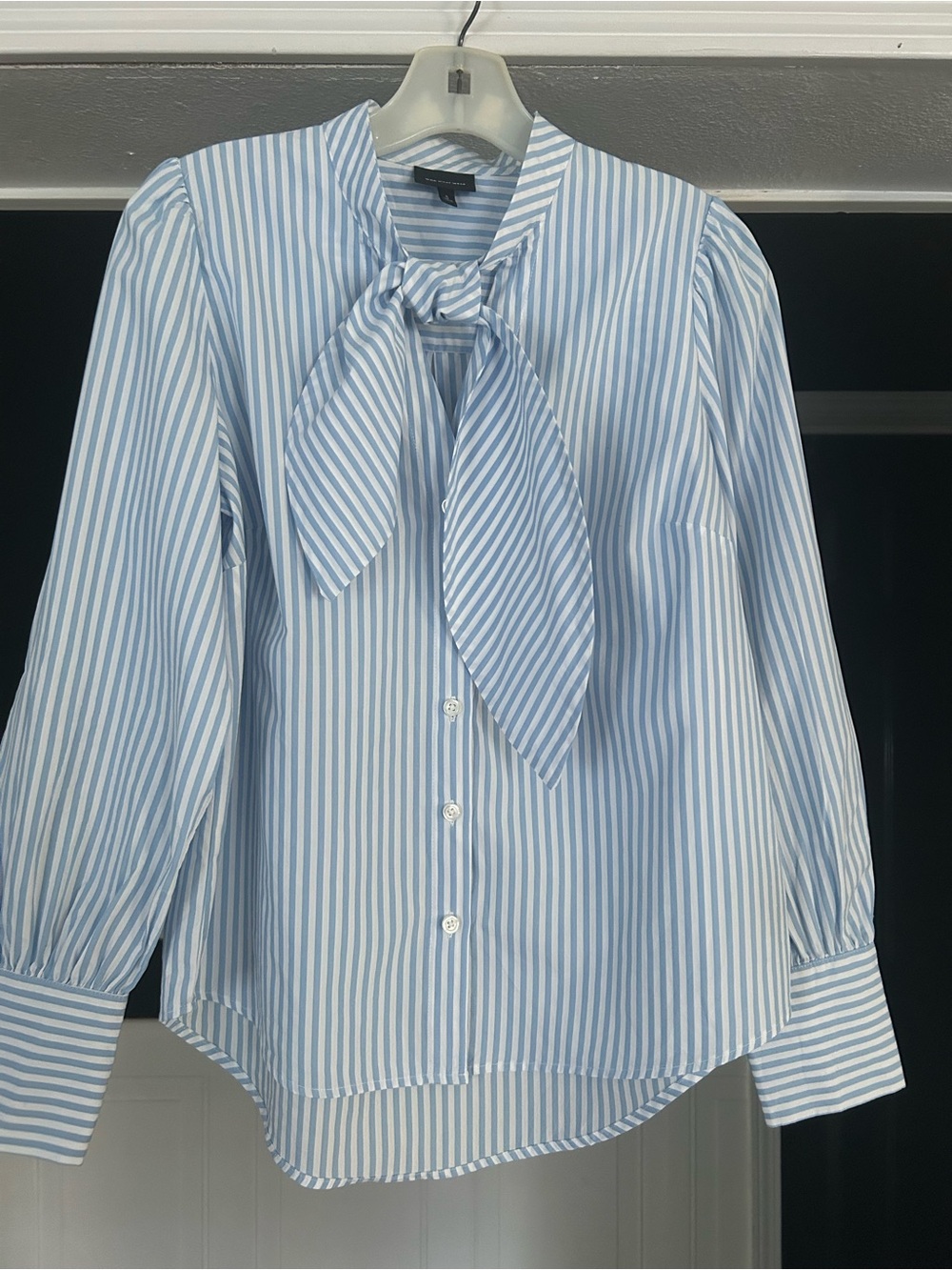 Who What Wear Blue and White Striped Bow Tie Button-Down Blouse
